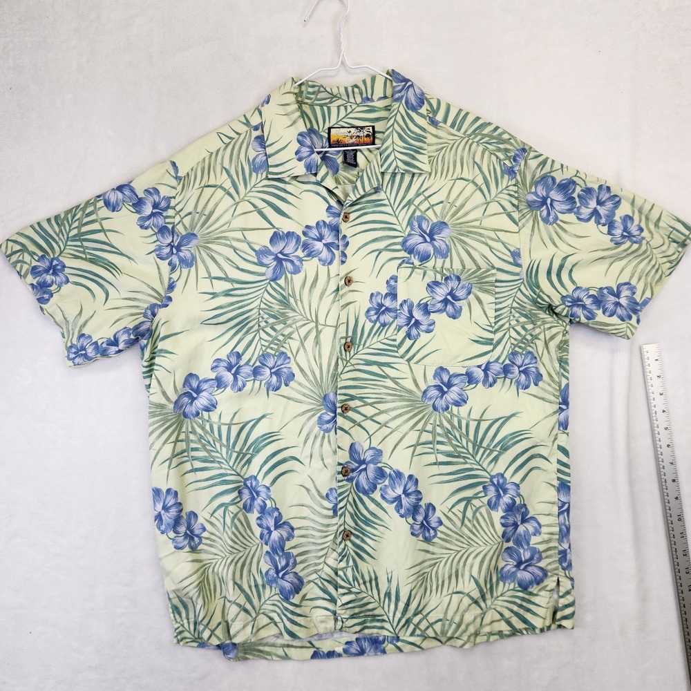 Havana Jacks Cafe Mens XL Hawaiian Shirt Tropical Floral Palm Rayon Blue‎ Green